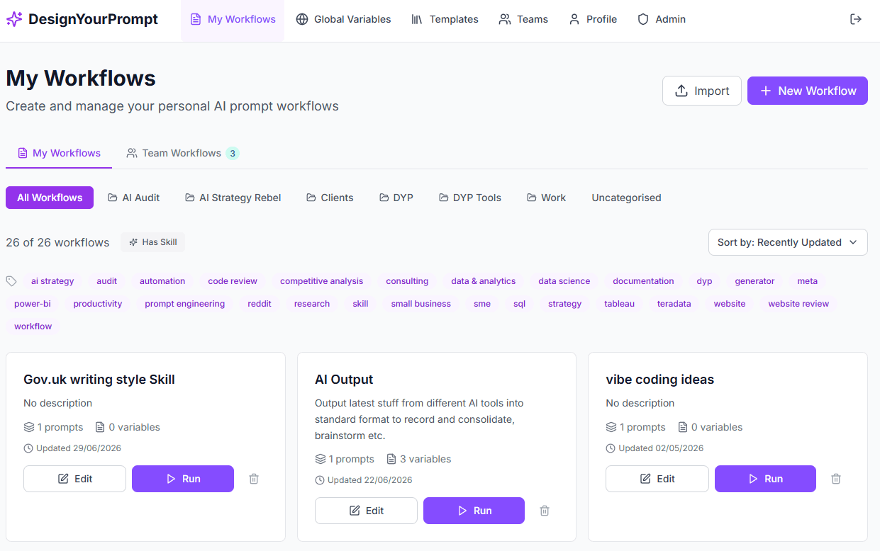 Design Your Prompt authenticated workflow library with folders, tags, personal and team workflows, edit actions and run actions